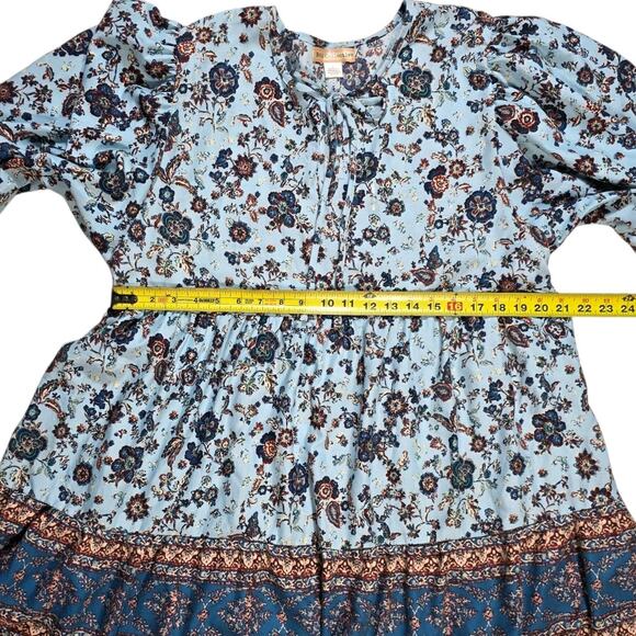 Blue Floral Boho Dress Sz Large BOG Collective Blue Mini Casual Cottage Romantic - Picture 4 of 9